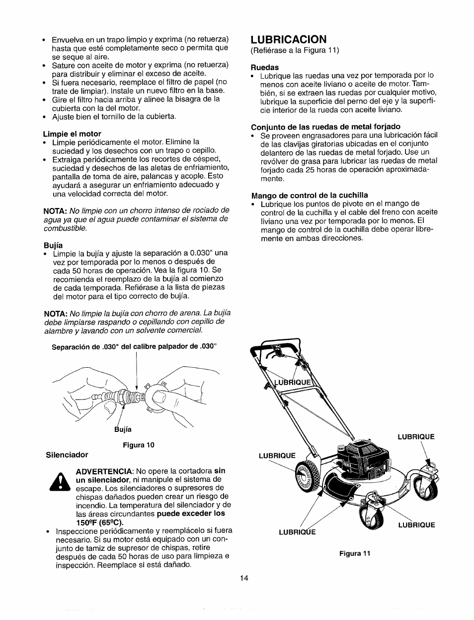 Limpie el motor, Lubricacion, Ruedas | Conjunto de las ruedas de metal forjado, Mango de control de la cuchilla | Sears 247.37033 User Manual | Page 42 / 50