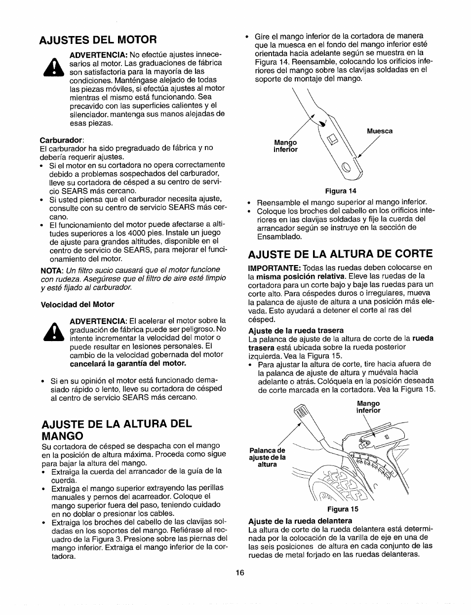 Ajustes del motor, Ajuste de la altura del mango, Ajuste de la altura de corte | Sears 247.37033 User Manual | Page 44 / 50