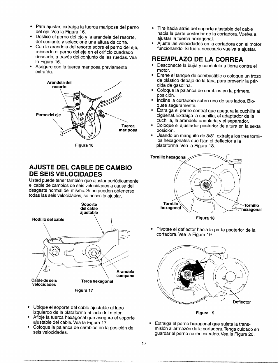 Ajuste del cable de cambio de seis velocidades, Reemplazo de la correa | Sears 247.37033 User Manual | Page 45 / 50