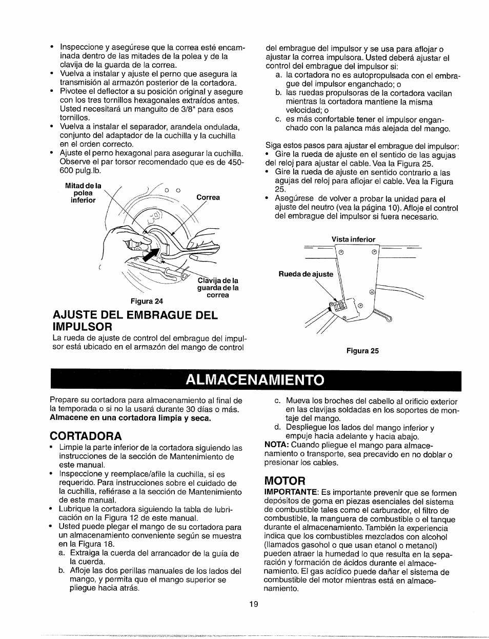 Ajuste del embrague del impulsor, Almacenamiento, Cortadora | Motor | Sears 247.37033 User Manual | Page 47 / 50