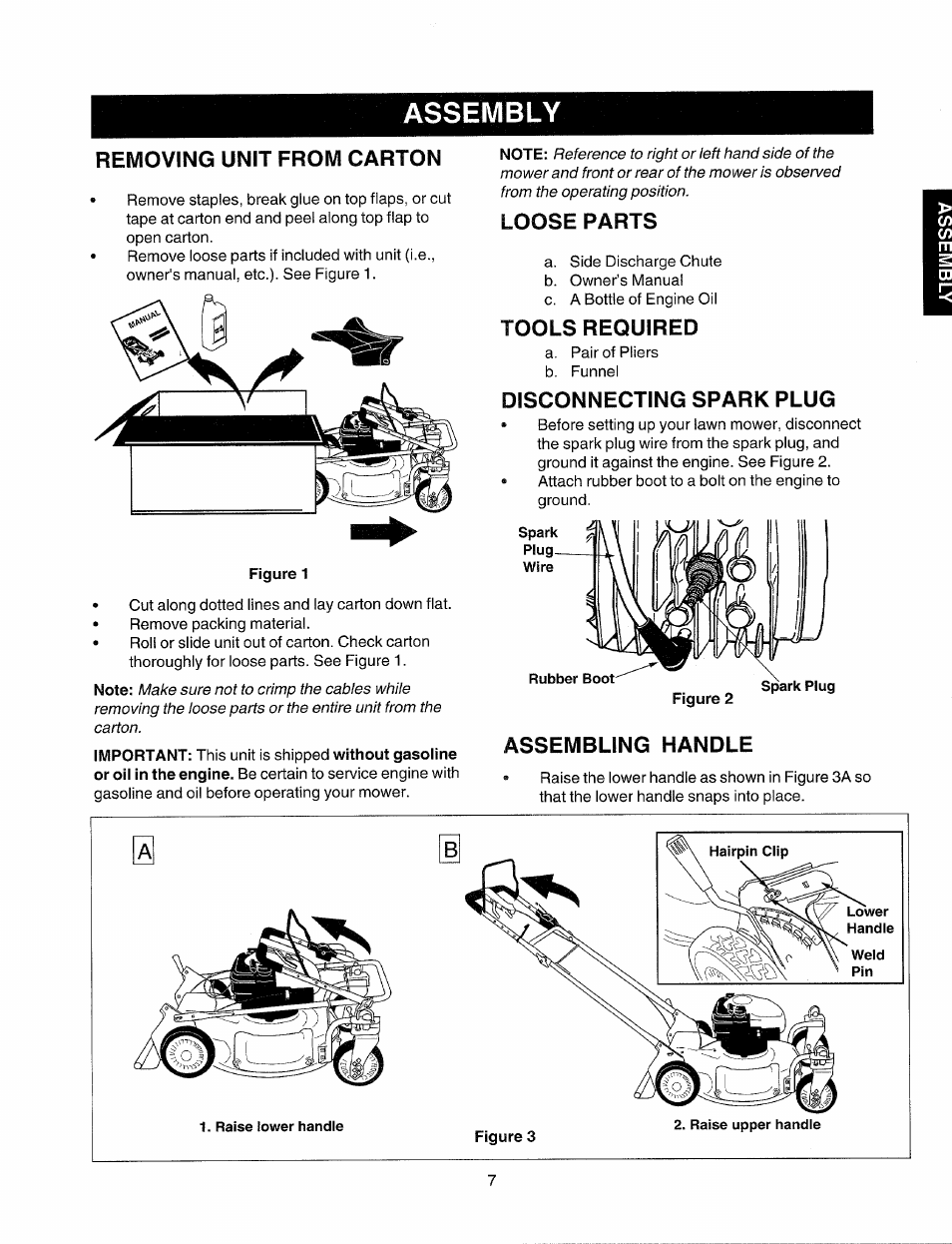 Assembly, Removing unit from carton, Loose parts | Tools required, Disconnecting spark plug, Assembling handle | Sears 247.37033 User Manual | Page 7 / 50