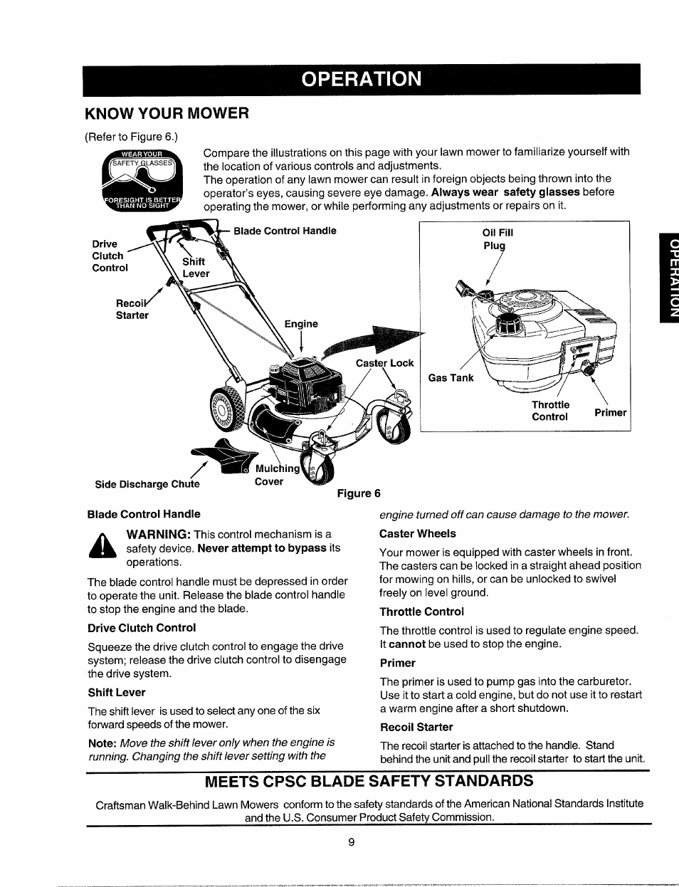 Operation, Know your mower, Blade control handle | Drive clutch control, Shift lever, Throttle control, Primer, Recoil starter, Meets cpsc blade safety standards | Sears 247.37033 User Manual | Page 9 / 50