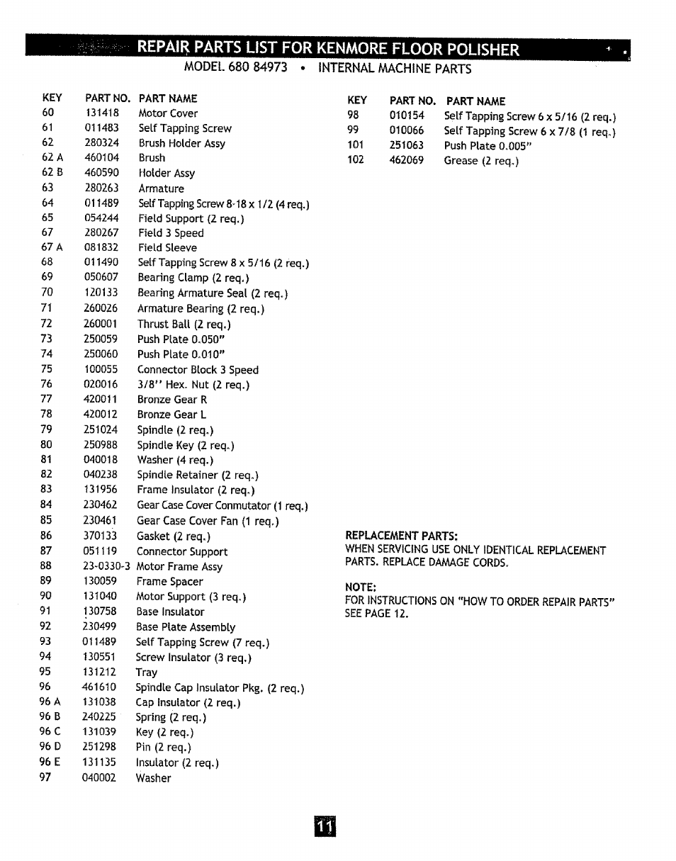 Repair parts list for kenmore floor polisher | Sears 680.84973 User Manual | Page 11 / 12