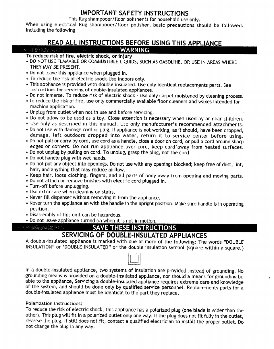 Important safety instructions, Read all instructions before using this appliance, Warning | Save these instructions, Servicing of double-insuuted appliances | Sears 680.84973 User Manual | Page 2 / 12