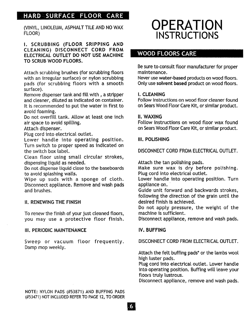 Hard surface floor care, Operation, Instructions | Wood floors care | Sears 680.84973 User Manual | Page 6 / 12