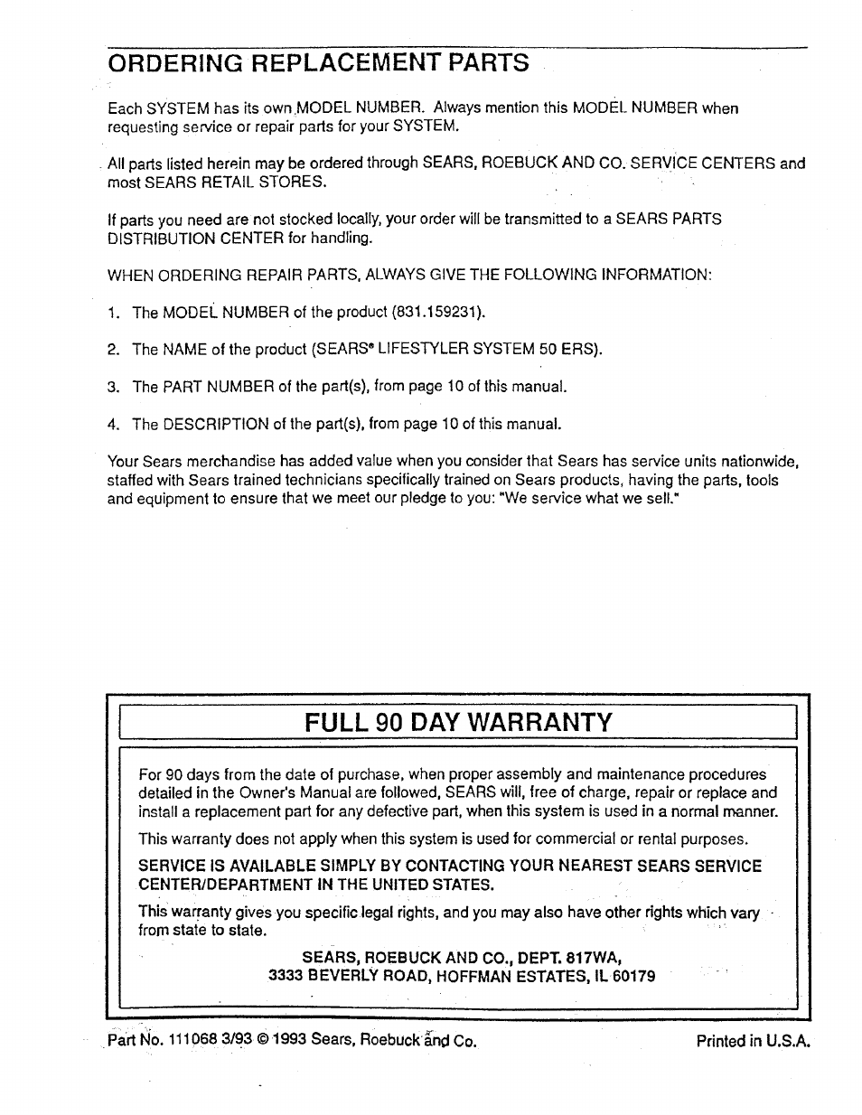 Full 90 day warranty, Ordering replaceivient parts | Sears 831.159231 User Manual | Page 12 / 12