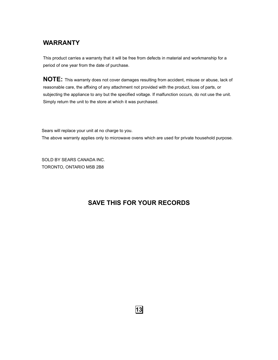 Warranty, Save this for your records | Sears 86030 User Manual | Page 14 / 14