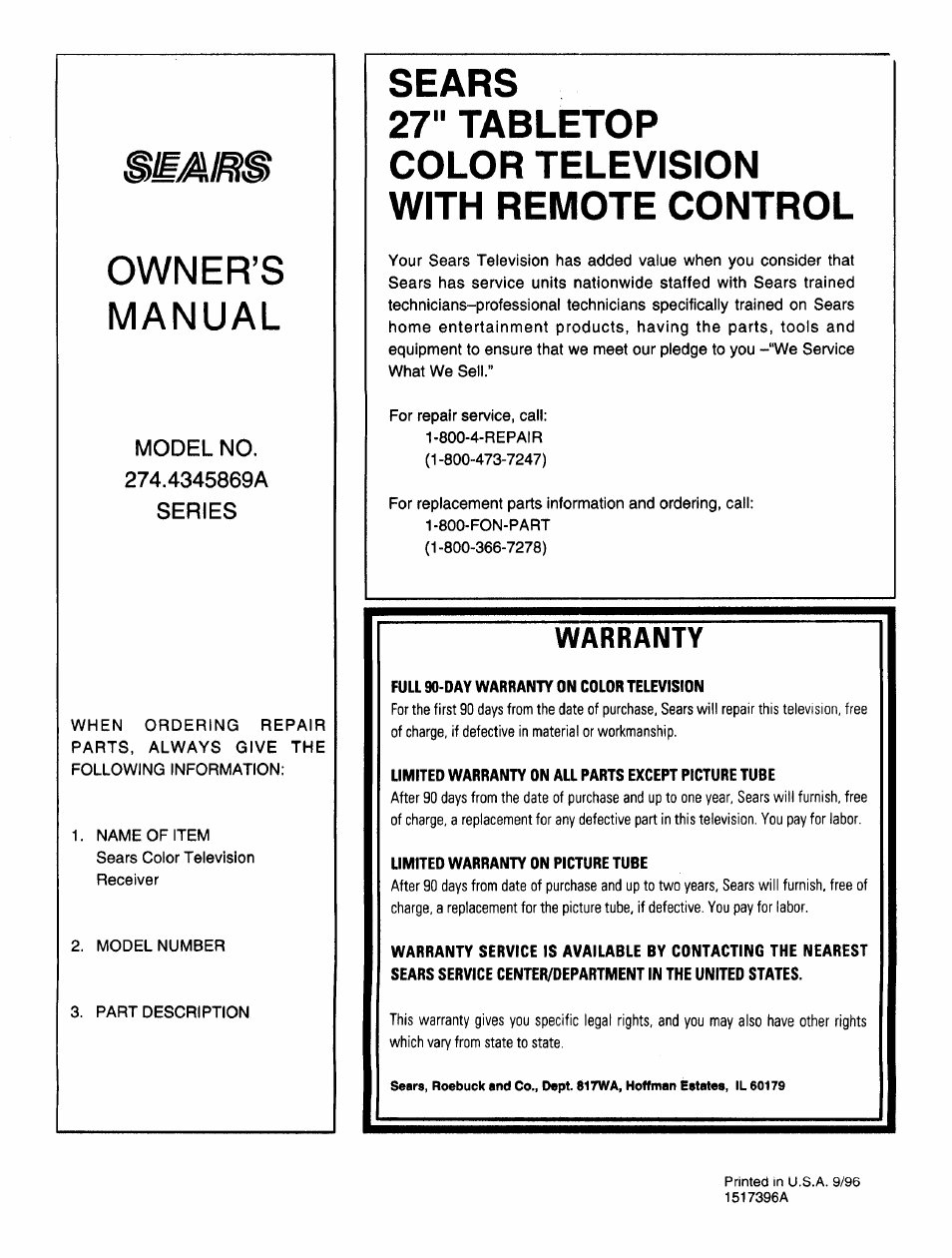 Owner’s manual, Warranty | Sears 274.4345869A User Manual | Page 16 / 16