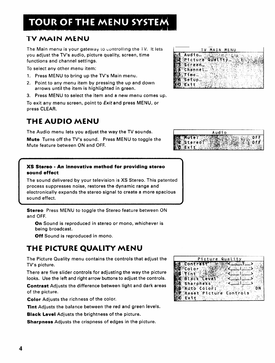 I'% exit, Tour of the menu system, The audio menu | The picture quality menu, Tv main menu, Ilir | Sears 274.4345869A User Manual | Page 6 / 16
