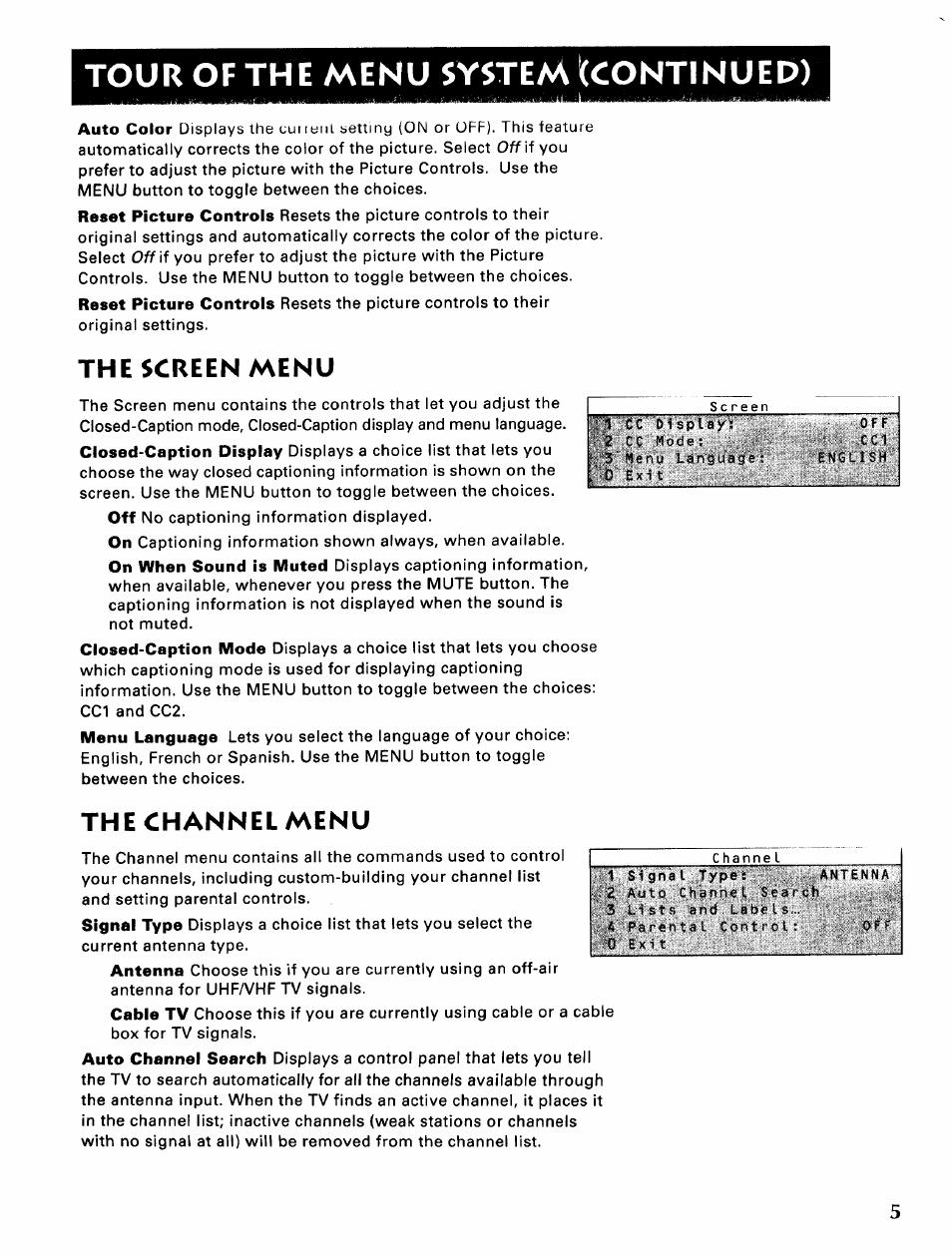 Tour of the menu system ^continued), The screen menu, The channel menu | Sears 274.4345869A User Manual | Page 7 / 16