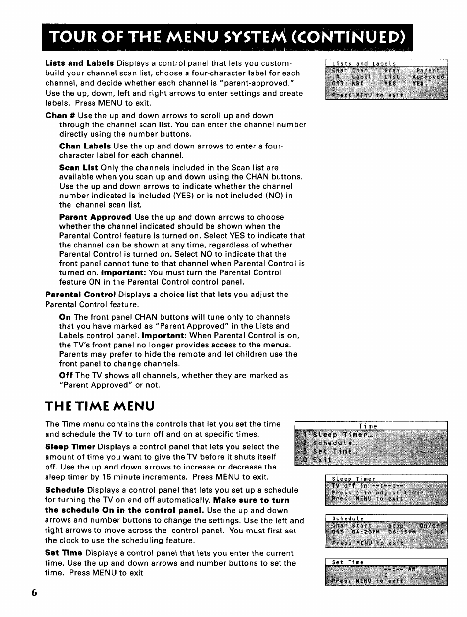 Tour of the menu system (continued), The time menu | Sears 274.4345869A User Manual | Page 8 / 16