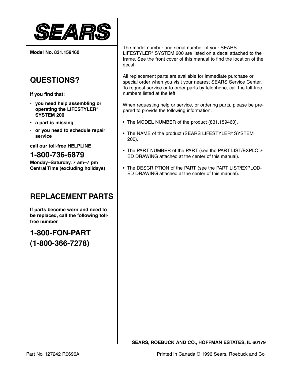 Questions, Replacement parts | Sears 831.159460 User Manual | Page 28 / 28