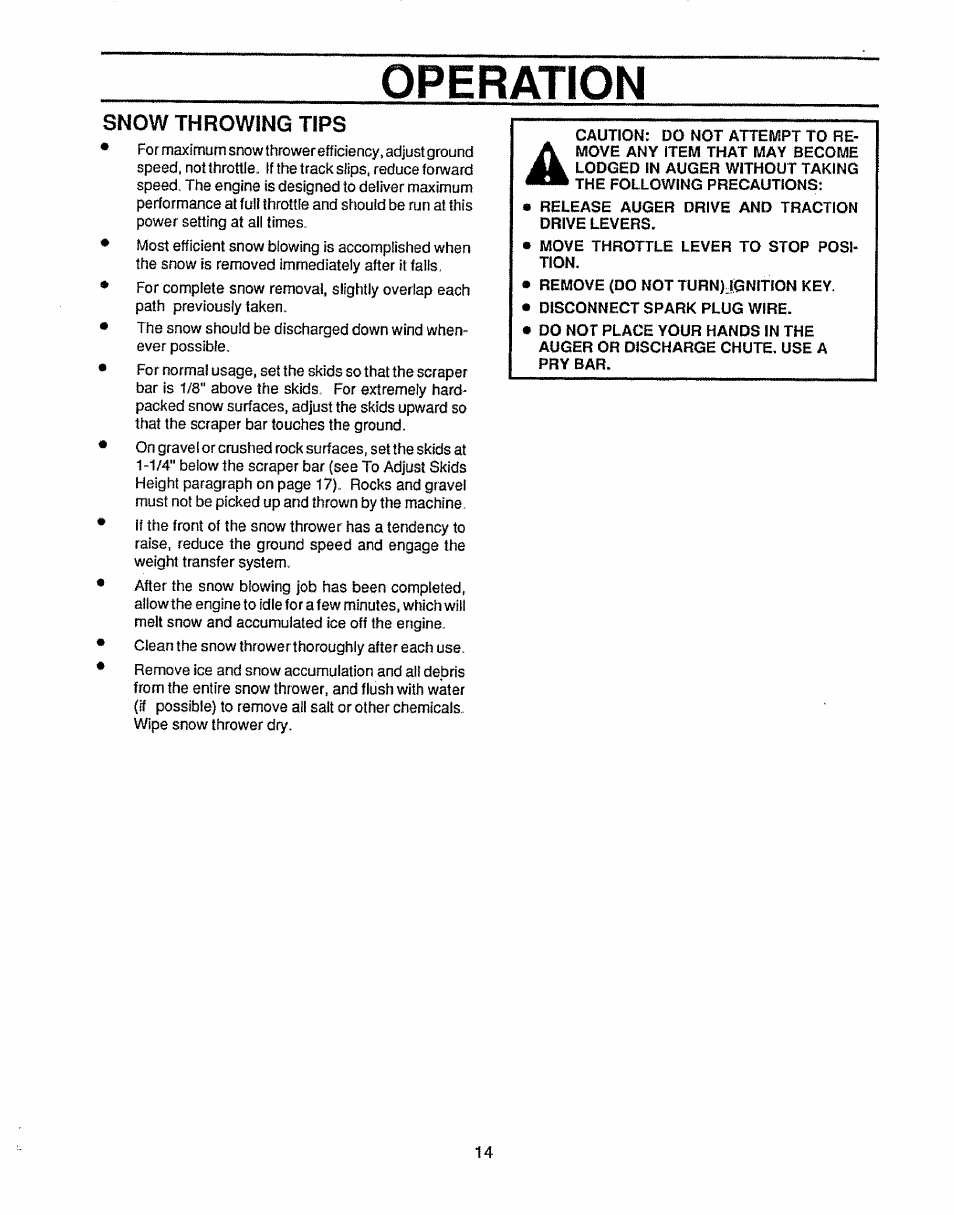 Snow throwing tips, Operation | Sears 536.884811 User Manual | Page 14 / 42