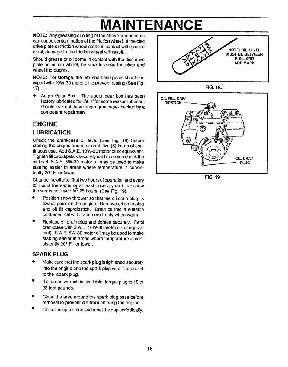 Engine, Lubrication, Spark plug | Maintenance | Sears 536.884811 User Manual | Page 16 / 42