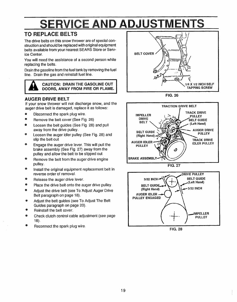 To replace belts, Auger drive belt, Service and adjustments | Sears 536.884811 User Manual | Page 19 / 42