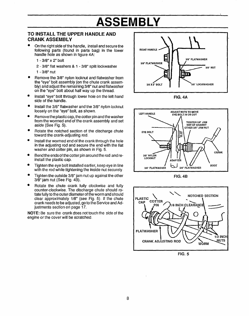To install the upper handle and crank assembly, Assembly | Sears 536.884811 User Manual | Page 8 / 42