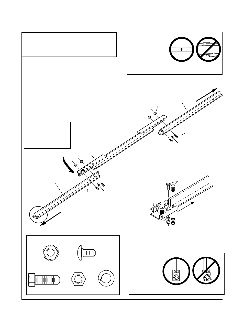 Assembly section, Assemble t-rail & attach cable pulley bracket, Assembly step 1 | Right wrong | Sears 139.18847 User Manual | Page 8 / 40