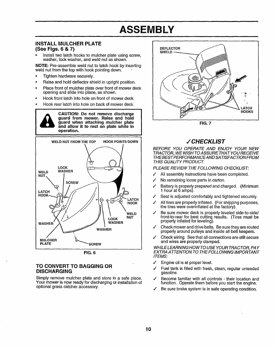 Install mulcher plate (see pigs. 6 & 7), To convert to bagging or discharging, Checklist | Assembly | Sears 917.257643 User Manual | Page 10 / 56