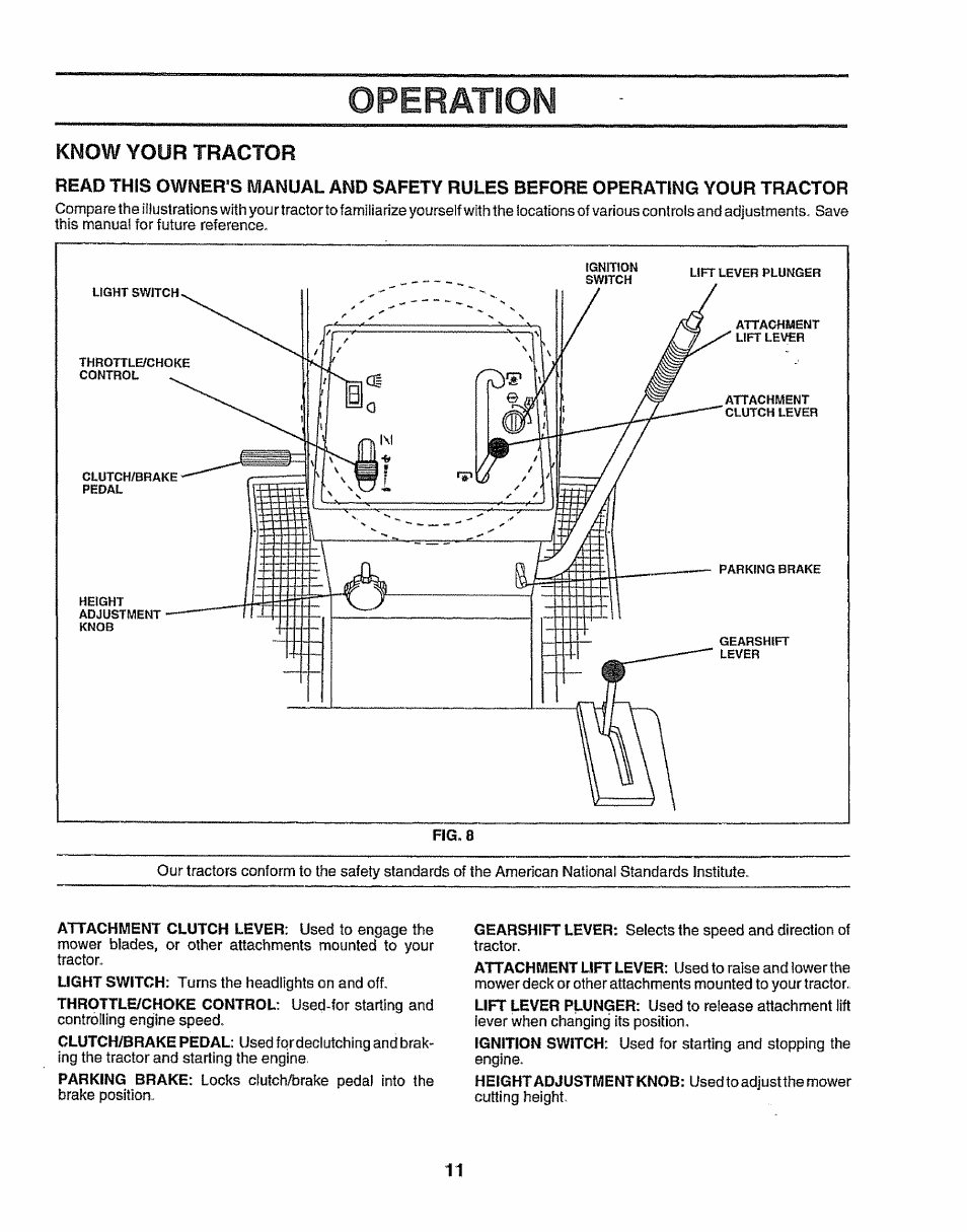 Know your tractor, Operation | Sears 917.257643 User Manual | Page 11 / 56