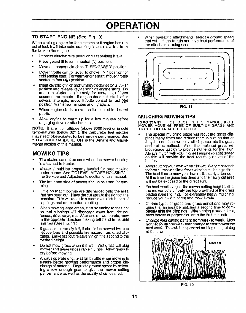 To start engine (see fig. 9), Mowing tips, Mulching mowing tips | Operation | Sears 917.257643 User Manual | Page 14 / 56