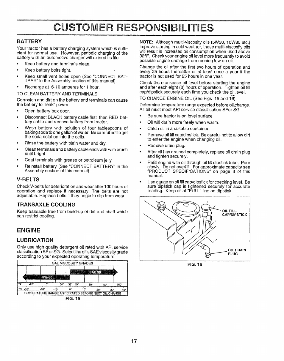Battery, V-belts, Transaxle cooling | Engine, Lubrication, Customer responsibilities | Sears 917.257643 User Manual | Page 17 / 56
