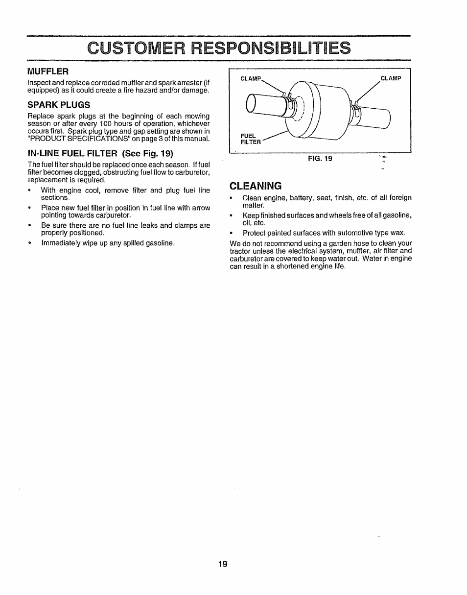 Muffler, Spark plugs, In-line fuel filter (see fig. 19) | Cleaning, Customer responsibilities | Sears 917.257643 User Manual | Page 19 / 56