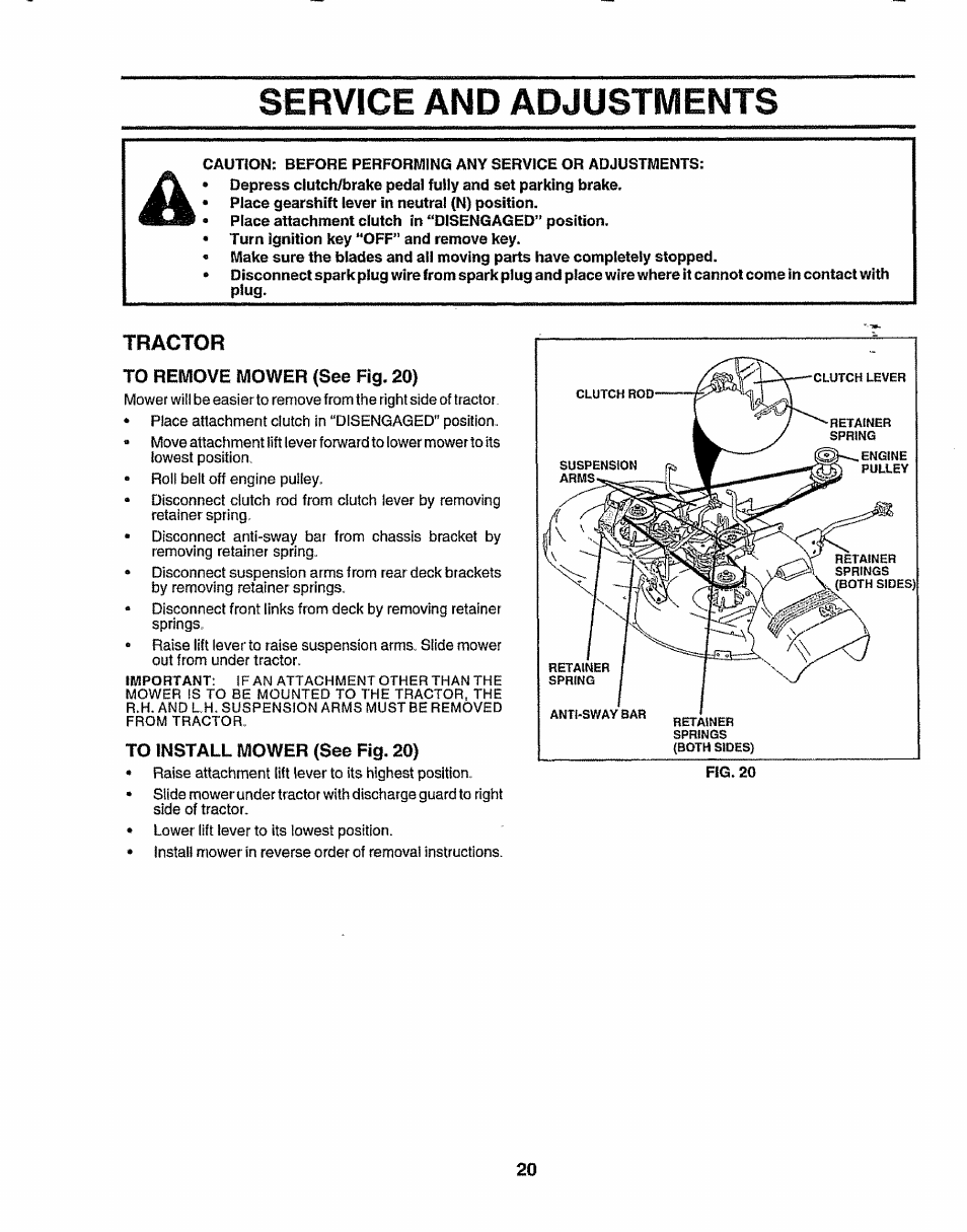 Tractor, To remove mower (see fig. 20), To install mower (see fig. 20) | Service and adjustments | Sears 917.257643 User Manual | Page 20 / 56