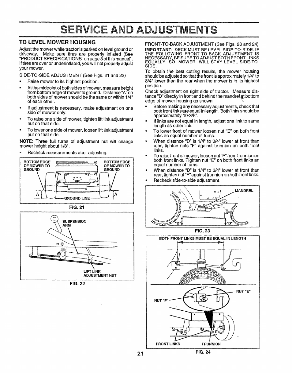 To level mower housing, Service and adjustments | Sears 917.257643 User Manual | Page 21 / 56