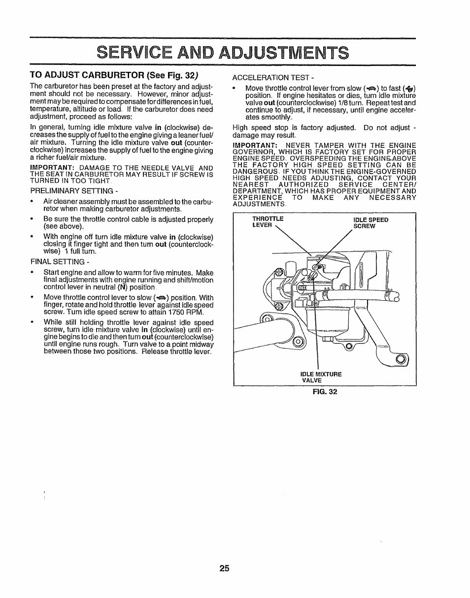To adjust carburetor (see fig. 32), Service and adjustments | Sears 917.257643 User Manual | Page 25 / 56