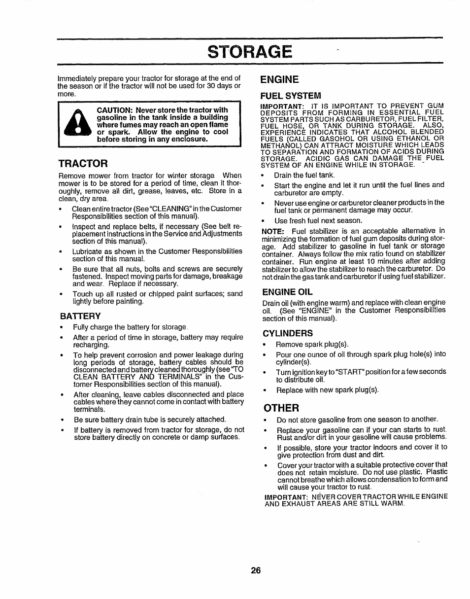 Storage, Tractor, Battery | Engine, Fuel system, Engine oil, Cylinders, Other | Sears 917.257643 User Manual | Page 26 / 56