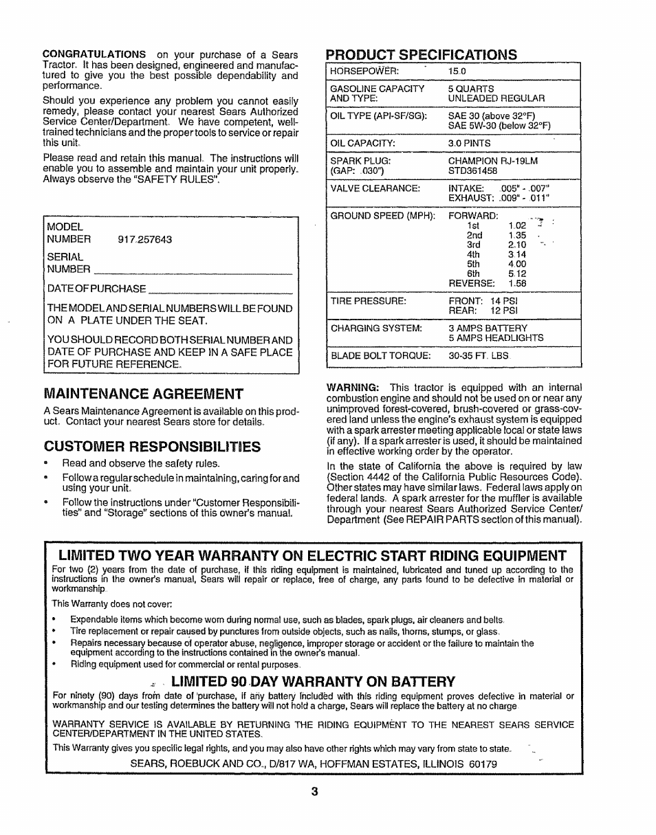 Product specifications, Maintenance agreement, Customer responsibilities | Limited 90 day warranty on battery | Sears 917.257643 User Manual | Page 3 / 56