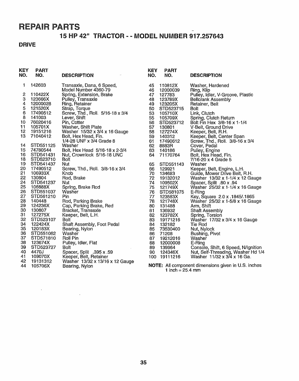 Drive, Repair parts | Sears 917.257643 User Manual | Page 35 / 56