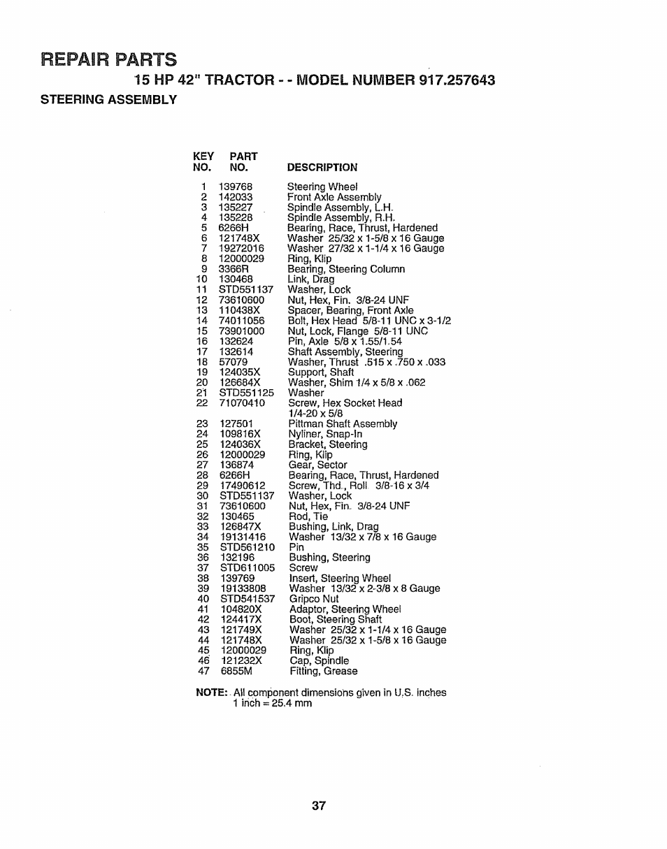 15 hp 42" tractor steering assembly, Repair parts, 15 hp 42" tractor | Sears 917.257643 User Manual | Page 37 / 56