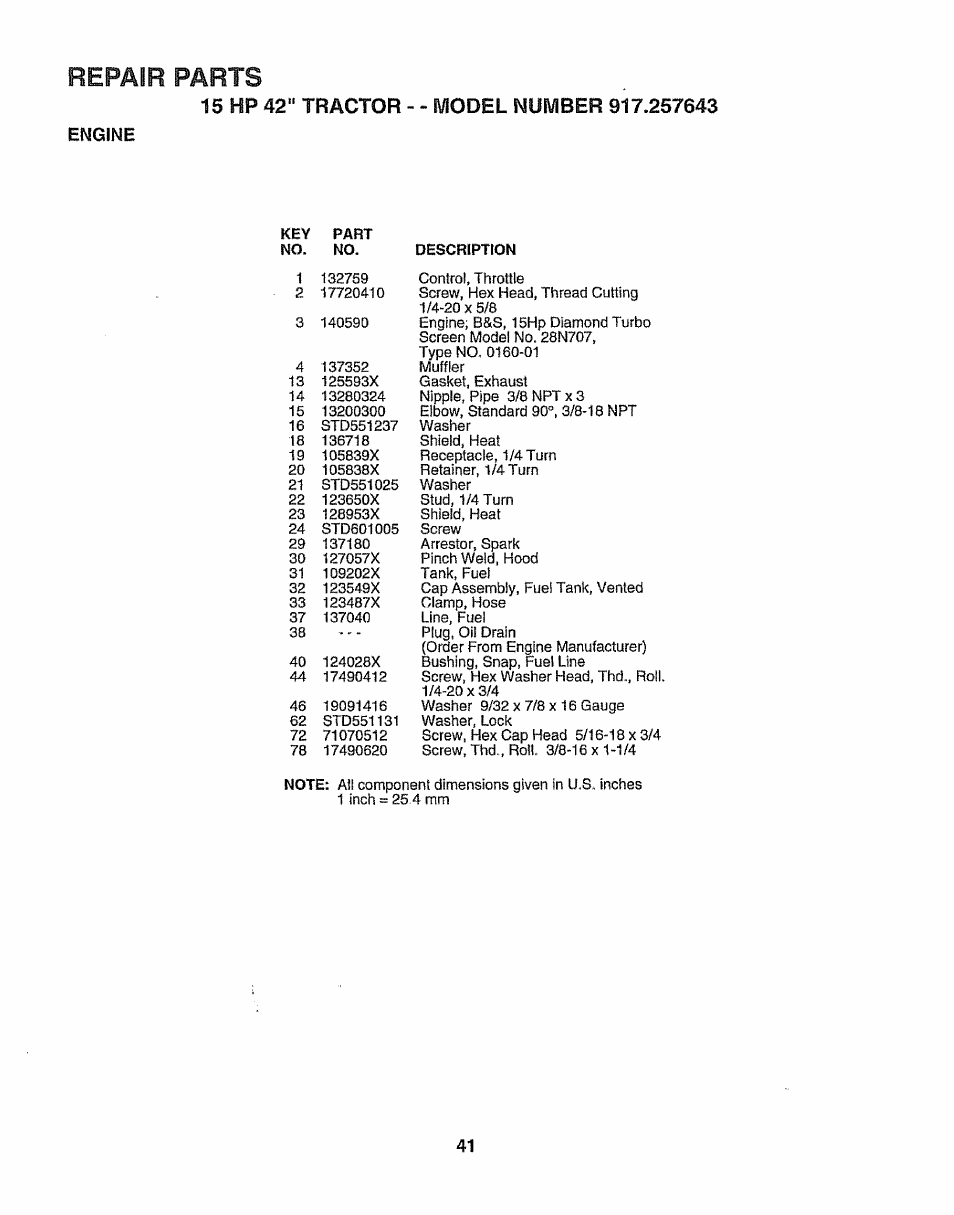 Engine, Repair parts | Sears 917.257643 User Manual | Page 41 / 56
