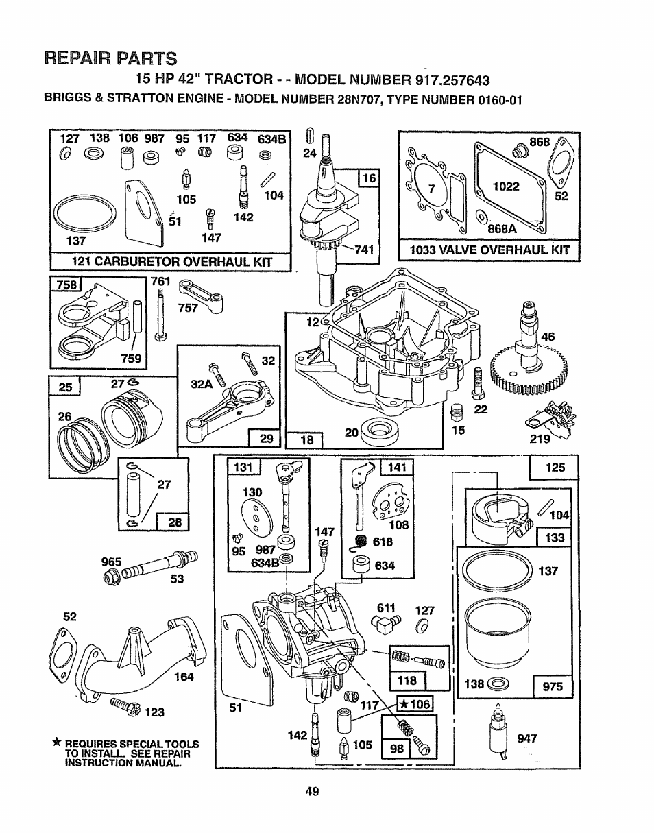 V^ioel 1 98, Repair parts | Sears 917.257643 User Manual | Page 49 / 56