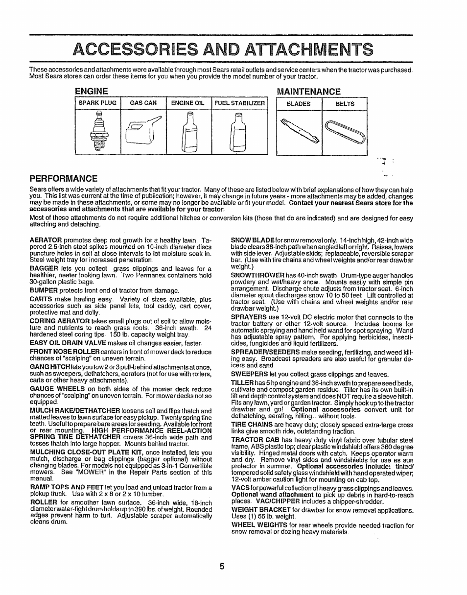 Accessories and attachments, Engine, Maintenance | Sears 917.257643 User Manual | Page 5 / 56