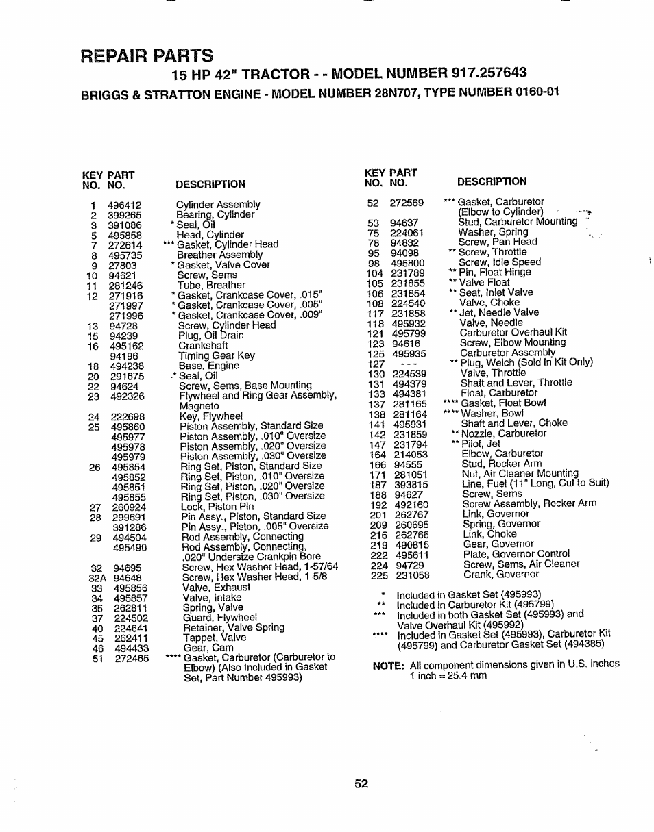 Repair parts | Sears 917.257643 User Manual | Page 52 / 56