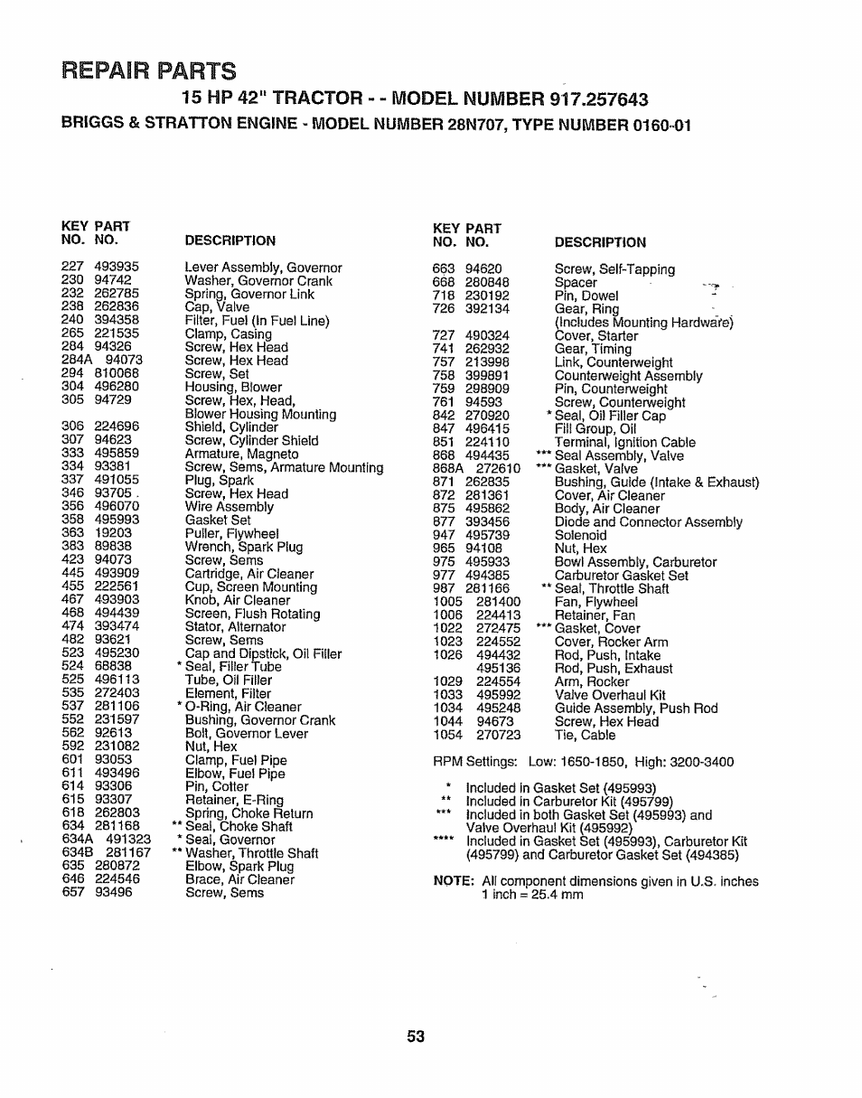Repair parts | Sears 917.257643 User Manual | Page 53 / 56
