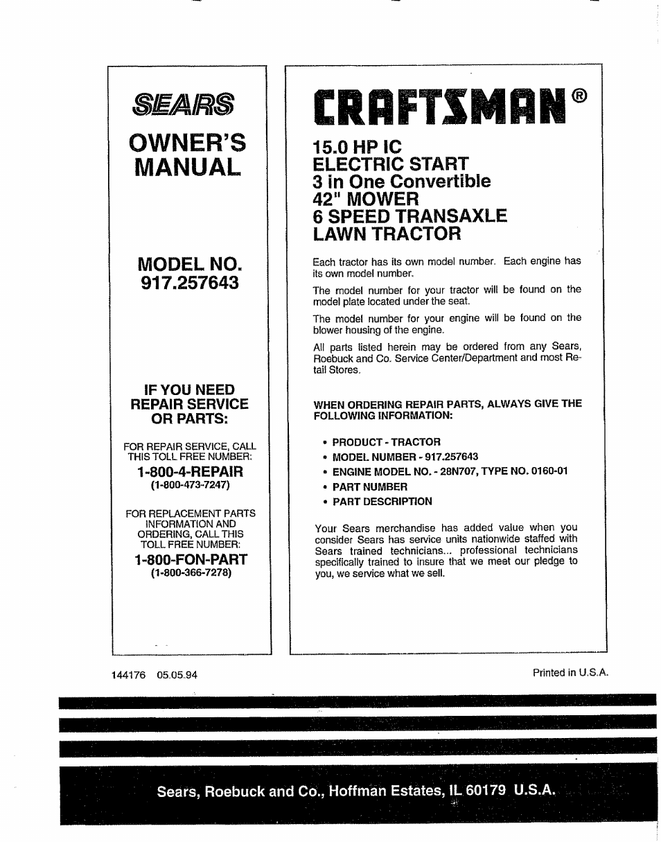 Crrftsmrn® owner’s manual | Sears 917.257643 User Manual | Page 56 / 56