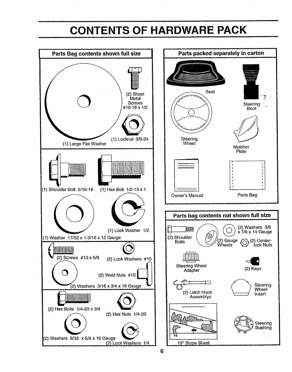 Contents of hardware pack, Parts bag contents shown full size, Parts packed separately in carton | Sears 917.257643 User Manual | Page 6 / 56