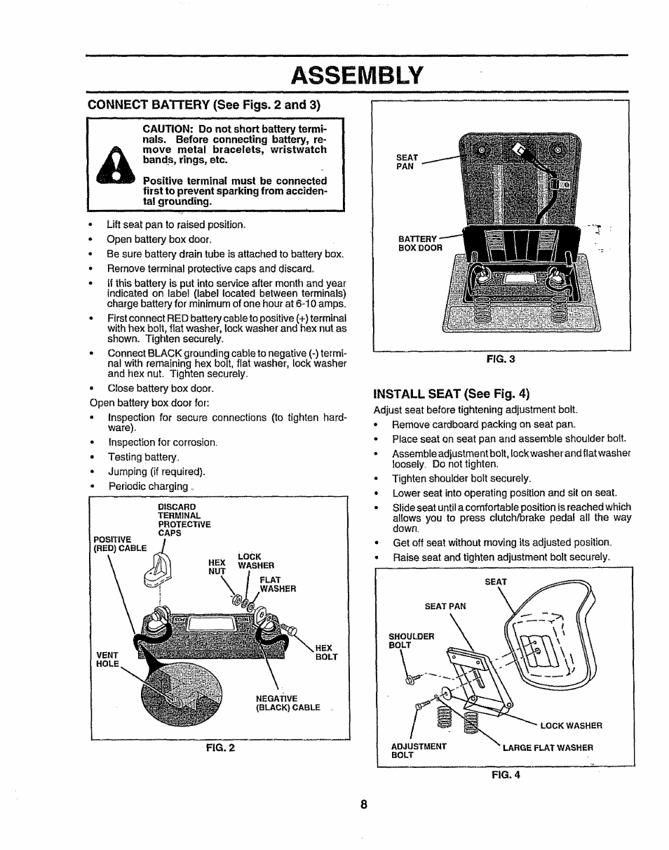 Connect battery (see figs, 2 and 3), Install seat (see fig. 4), Assembly | Sears 917.257643 User Manual | Page 8 / 56