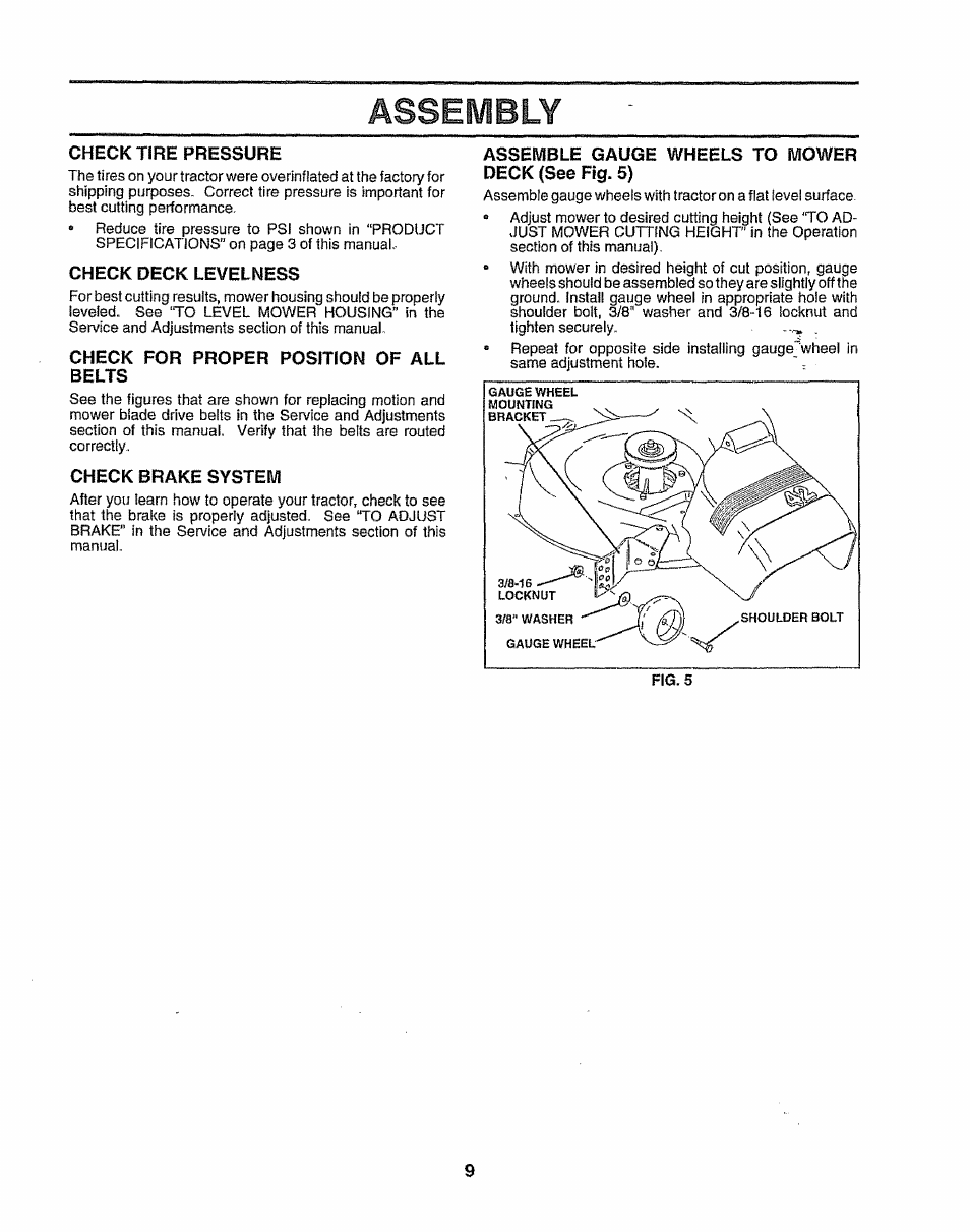 Check tire pressure, Check deck levelness, Check for proper position of all belts | Check brake system, Assemble gauge wheels to mower deck (see fig. 5), Assembly | Sears 917.257643 User Manual | Page 9 / 56