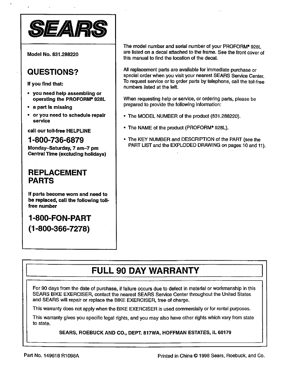 Full 90 day warranty, Questions, Replacement parts | 800-fon-part | Sears 831.28822 User Manual | Page 12 / 12