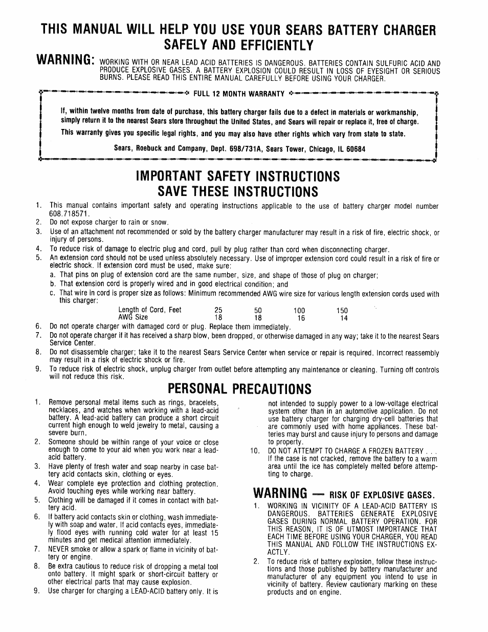 Warning — risk of explosive gases, Warning, Personal precautions | Sears 608.718571 User Manual | Page 2 / 6