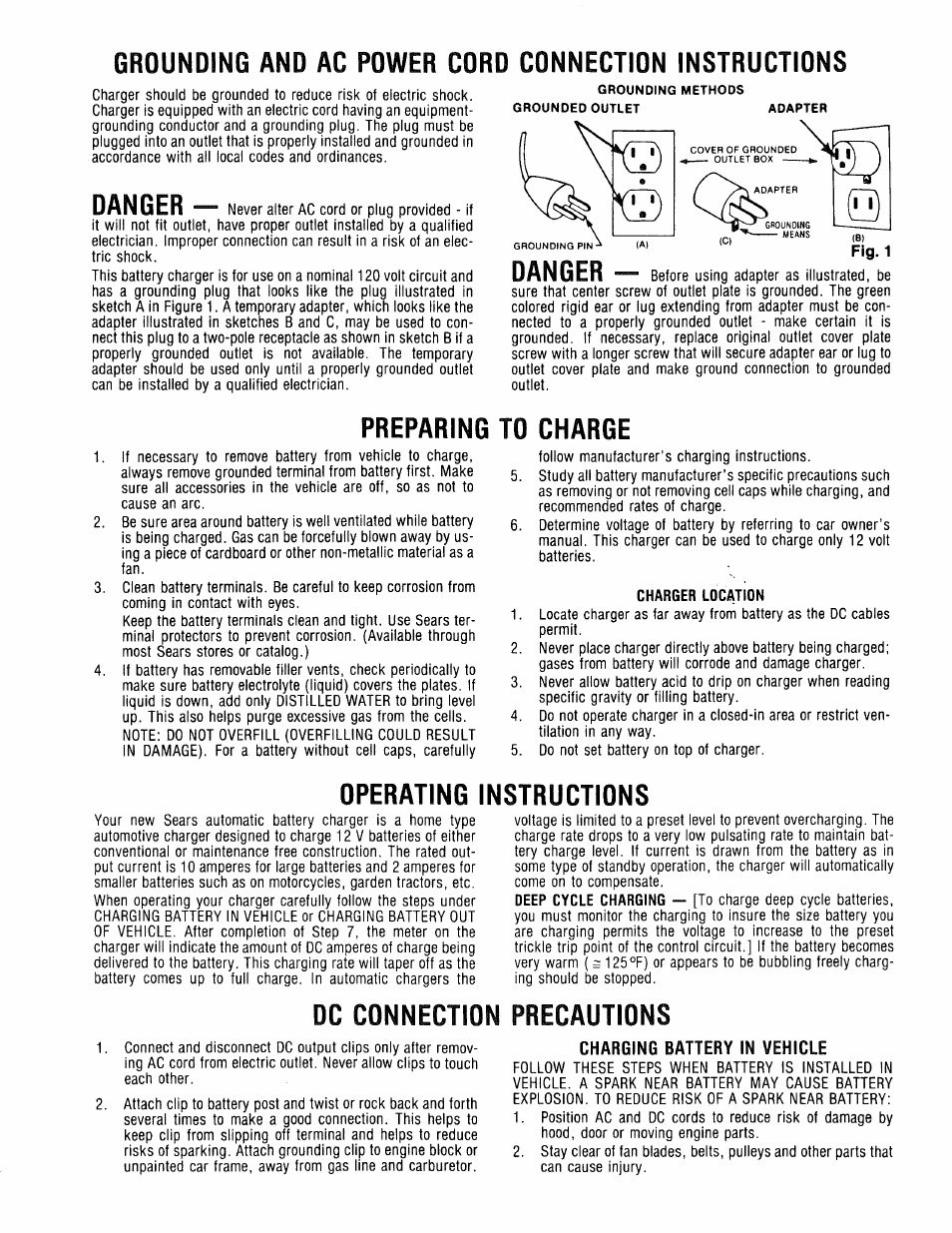 Preparing to charge, Operating instructions, Charging battery in vehicle | Dc connection precautions, Danger, Preparing, Charge | Sears 608.718571 User Manual | Page 3 / 6