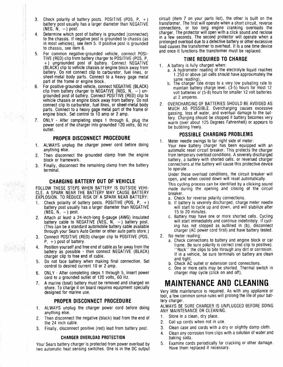 Proper disconnect procedure, Charging battery out of vehicle, Charger overload protection | Time required to charge, Possible charging problems, Maintenance and cleaning | Sears 608.718571 User Manual | Page 4 / 6