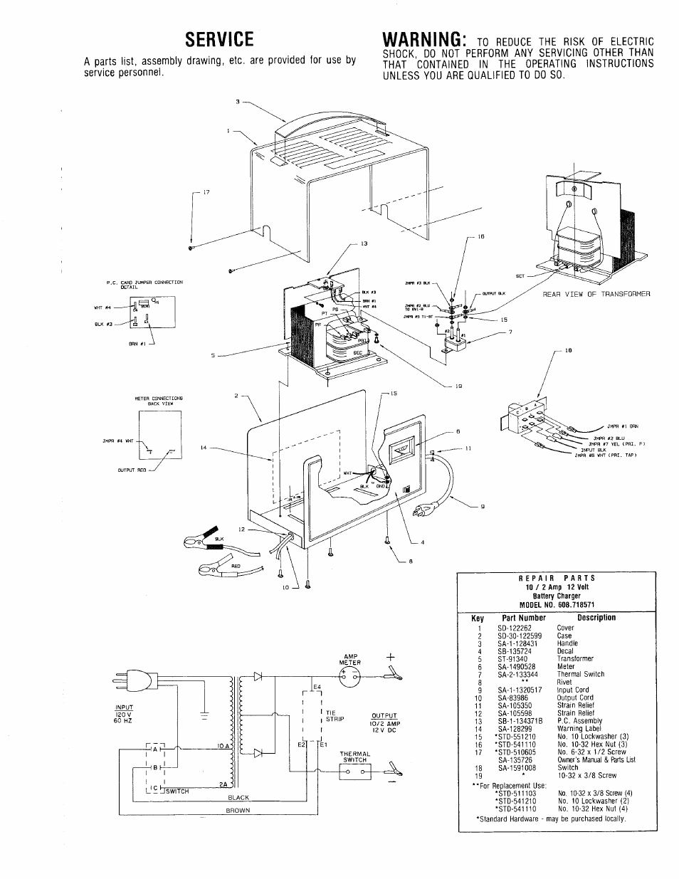 Service, Warning, A parts list, assembly drawing service personnel | Etc. are provided for use by | Sears 608.718571 User Manual | Page 5 / 6