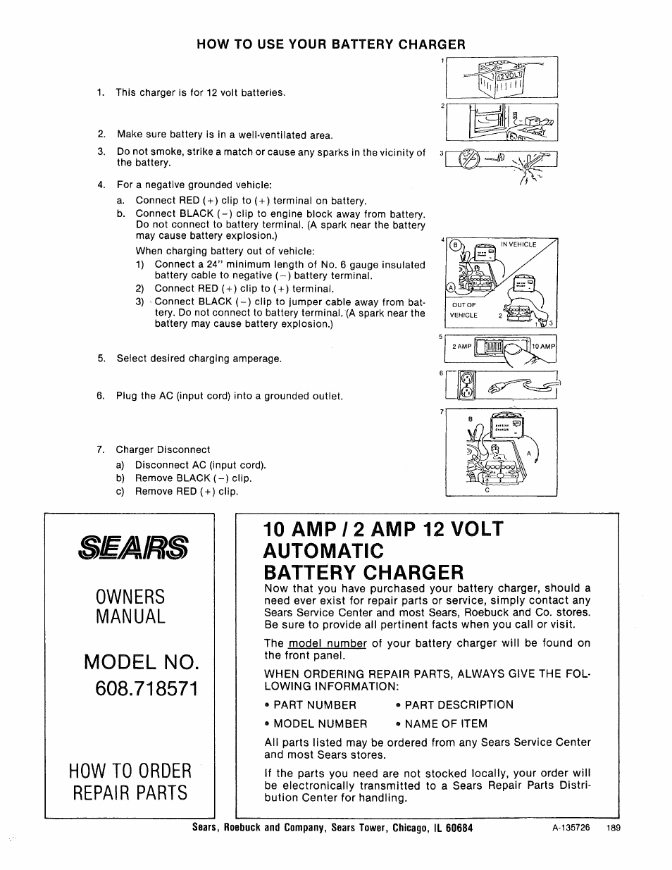 How to use your battery charger | Sears 608.718571 User Manual | Page 6 / 6