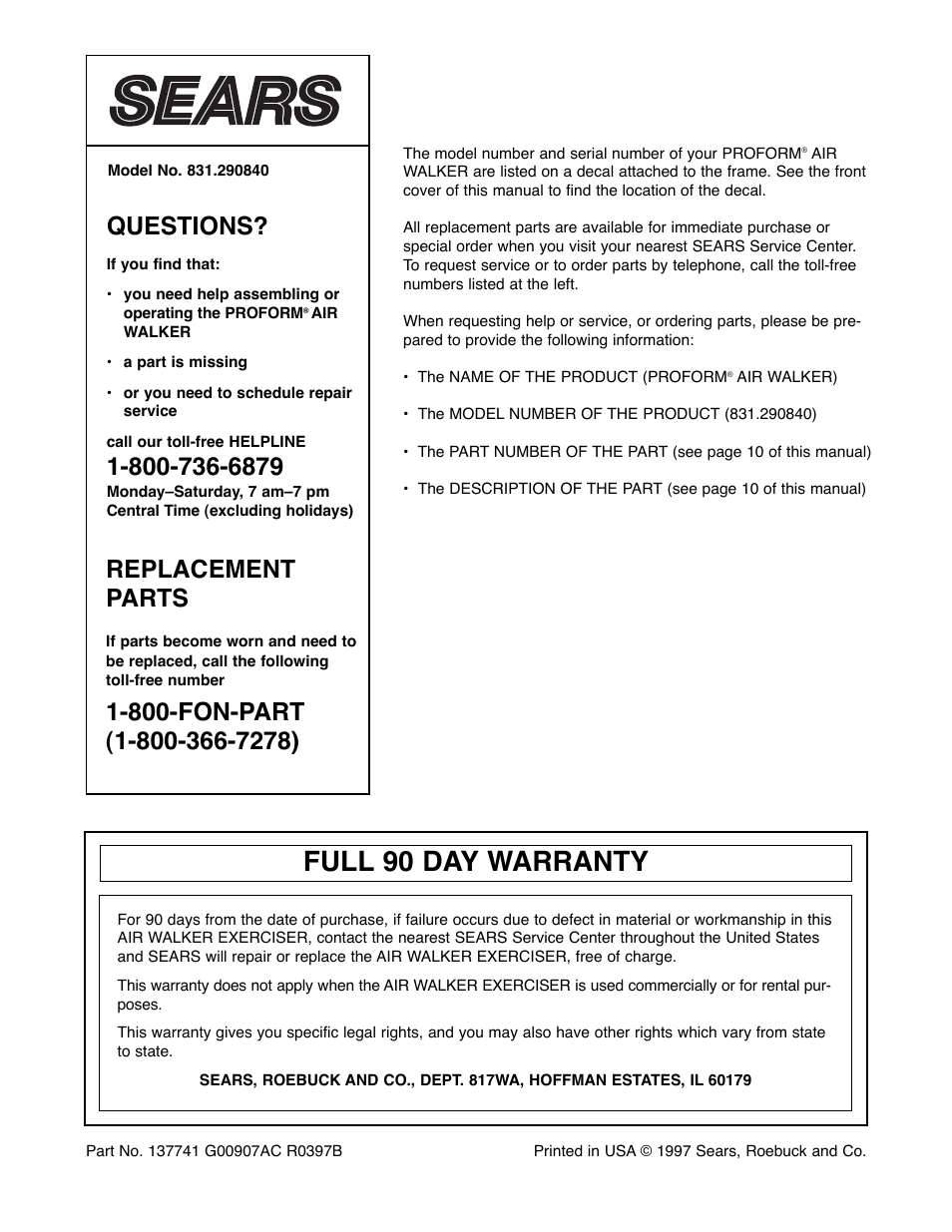 Full 90 day warranty, Questions, Replacement parts | Sears 831.290840 User Manual | Page 12 / 12