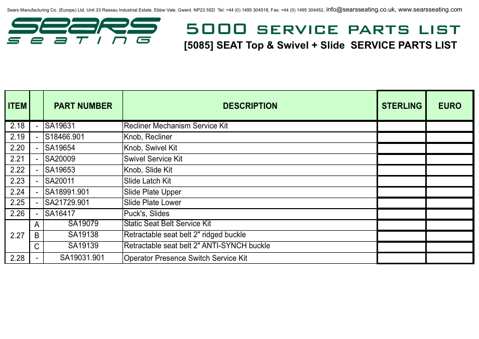 5000 service parts list, 5085] seat top & swivel + slide service parts list | Sears Seat Top 5000 User Manual | Page 10 / 10